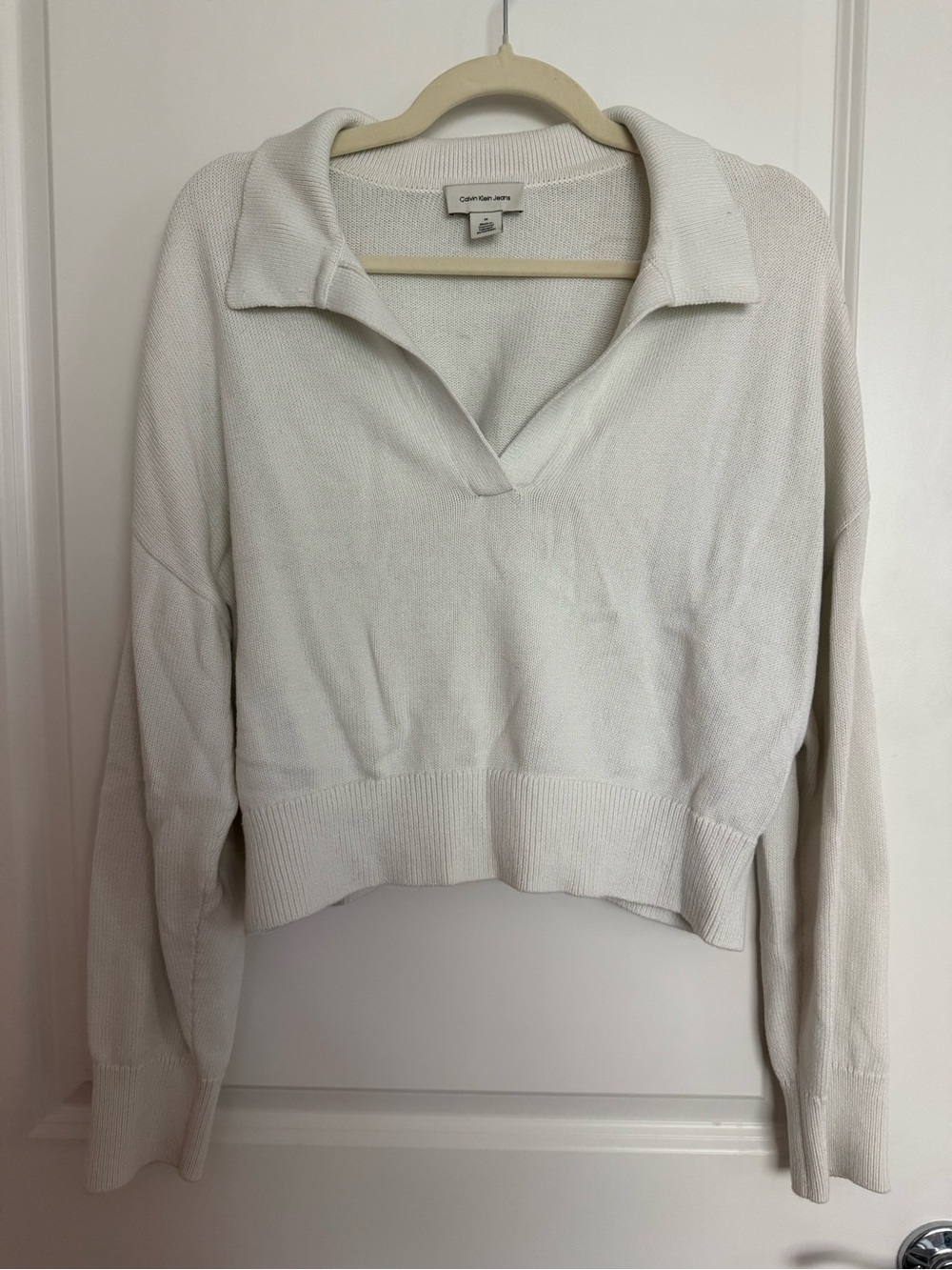 Calvin Klein Jeans Off-White V-Neck Collared Knit Pullover